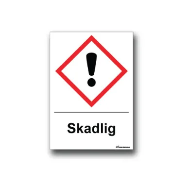 Faropiktogramskylt med farosymbol och text: skadlig