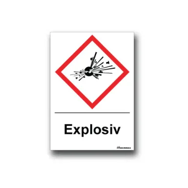 Faropiktogramskylt med farosymbol och text: explosiv