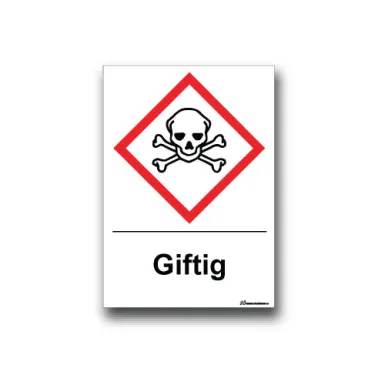 Faropiktogramskylt med farosymbol och text för giftig