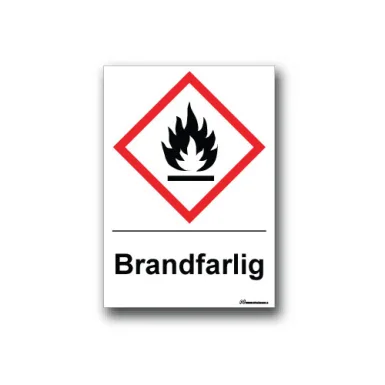 Faropiktogramskylt med farosymbol och text för brandfarlig