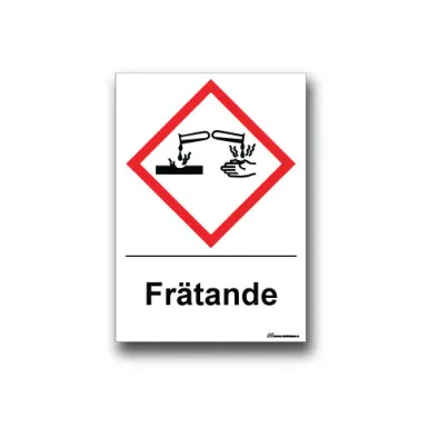 Faropiktogramskylt med farosymbol och text för frätande