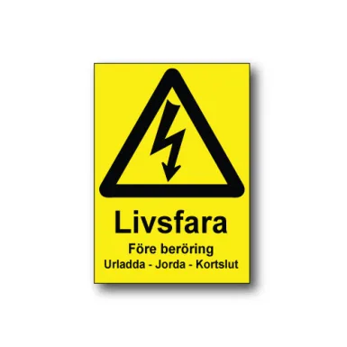 Skylt / Livsfara Före beröring urladda jorda kortslut